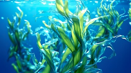 Fototapeta na wymiar Green Seaweed underwater with sunlight.