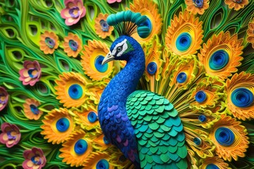Fototapeta premium Multicolored peacock in the technique of quilling. Papercraft, hobby concept