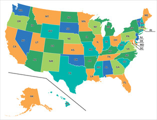 州ごとに区分けされたアメリカ合衆国の白地図、ブランク地図　英語表記