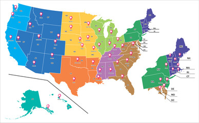 マップピンと州都　州ごとに区分けされたアメリカ合衆国の白地図、ブランク地図