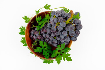 Purple grape Kyoho Grape with leaves on white background