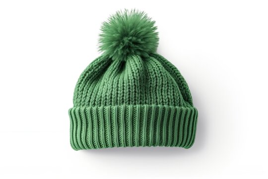 Knitted green hat isolated on white background with pompon