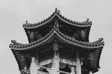 black and white photo of a traditional Chinese pagoda