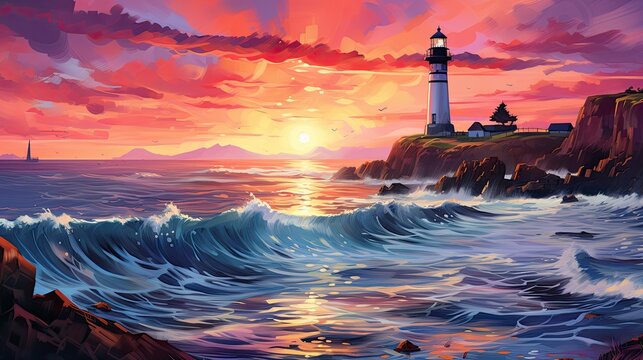 Art and colorful landscape with lighthouse. Generative AI