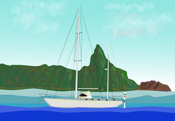 Sailboat anchored under the Pico mountain at the Fernando de Norña islands, realistic color