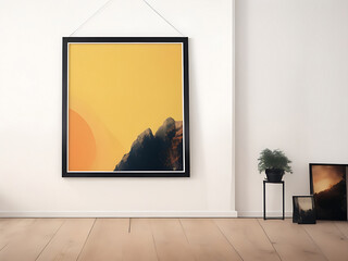 Blank white canvas picture mockup, Home interior poster mock up with horizontal metal frame, white wall background. 3D rendering.
