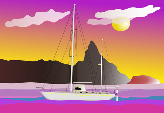 Sailboat anchored under Pico mountain at Fernando de Nor&ntilde;a islands, fantasy colors suitable for desktop wallpaper