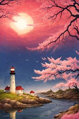 Beautiful landscape with Lighthouse. In Japan painting style. AI generated illustration