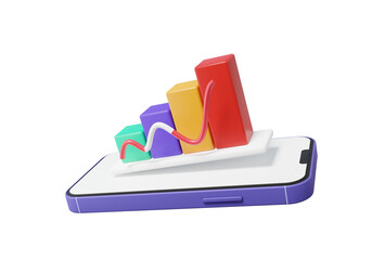 Stock trader financial business economics concept. analytics data red graph higher on smartphone on isolated background. online investment exchange, minimal cartoon. 3d render illustration