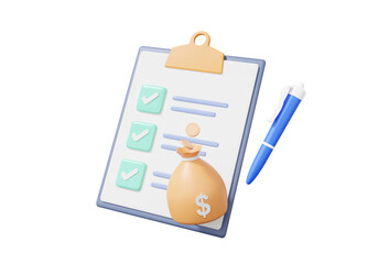 Checklist on clipboard paper with money bag coins information financial business document correct mark on isolated background. minimal cartoon cute smooth. 3d render illustration