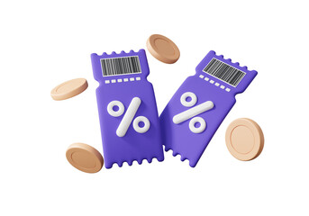 Special discount coupons tag icon symbol and coins on isolated promotion sale percentage marketing profitable online shopping concept. cashback, customer refund. 3d render illustration