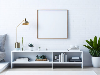 Blank white canvas picture mockup, Home interior poster mock up with horizontal metal frame, white wall background. 3D rendering.