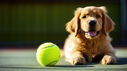 dog golden retriever with tennis ball court - Powered by Adobe