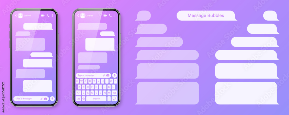 Wall mural realistic smartphone with messaging app on colorful violet background. blank sms text frame. chat sc