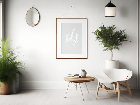 Blank white canvas picture mockup, Home interior poster mock up with horizontal metal frame, white wall background. 3D rendering.