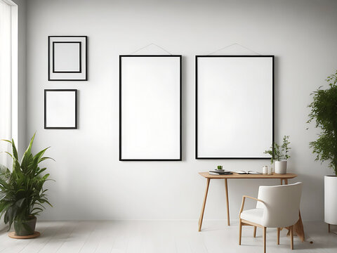 Blank white canvas picture mockup, Home interior poster mock up with horizontal metal frame, white wall background. 3D rendering.
