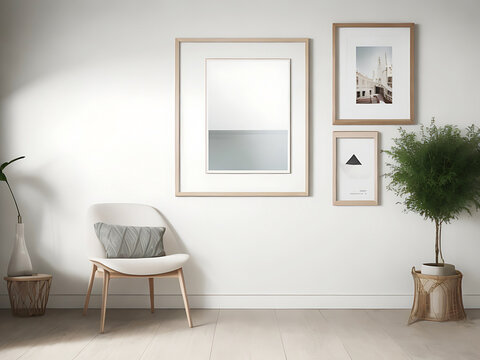 Blank white canvas picture mockup, Home interior poster mock up with horizontal metal frame, white wall background. 3D rendering.