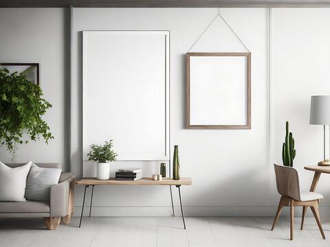 Blank white canvas picture mockup, Home interior poster mock up with horizontal metal frame, white wall background. 3D rendering.