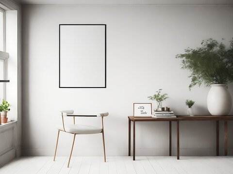 Blank white canvas picture mockup, Home interior poster mock up with horizontal metal frame, white wall background. 3D rendering.