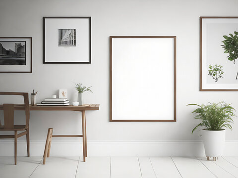 Blank white canvas picture mockup, Home interior poster mock up with horizontal metal frame, white wall background. 3D rendering.