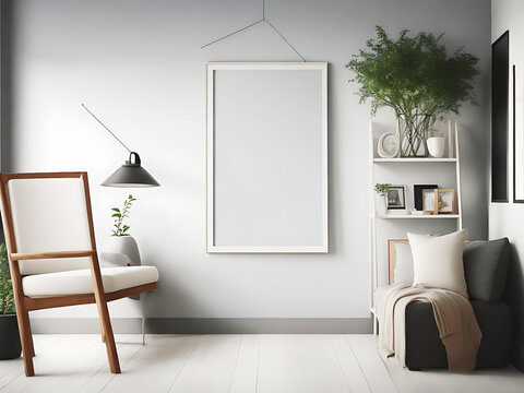 Blank white canvas picture mockup, Home interior poster mock up with horizontal metal frame, white wall background. 3D rendering.