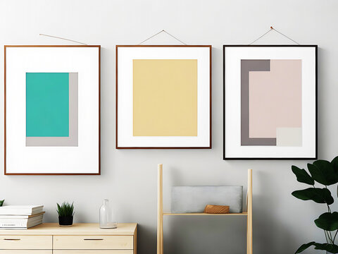 Blank white canvas picture mockup, Home interior poster mock up with horizontal metal frame, white wall background. 3D rendering.