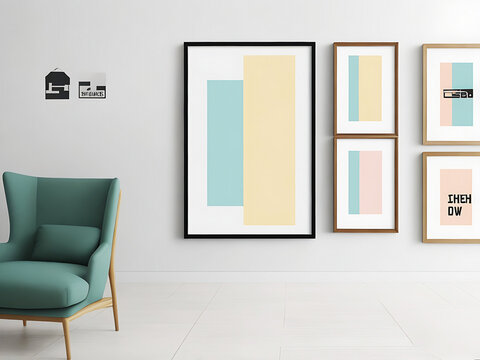 Blank white canvas picture mockup, Home interior poster mock up with horizontal metal frame, white wall background. 3D rendering.