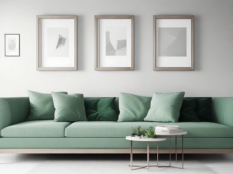 Blank white canvas picture mockup, Home interior poster mock up with horizontal metal frame, white wall background. 3D rendering.