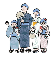 夏祭りに行く浴衣姿の家族全身イラスト素材