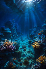 Naklejka na ściany i meble Undewater world landscape, reef, sea bottom with corals and seaweeds 