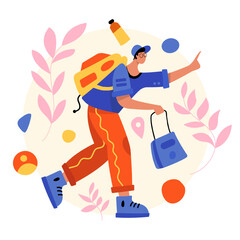 Young male with backpack traveling. Finding route while traveling. Concept of tourism. Flat vector illustration in cartoon style in blue and yellow colors