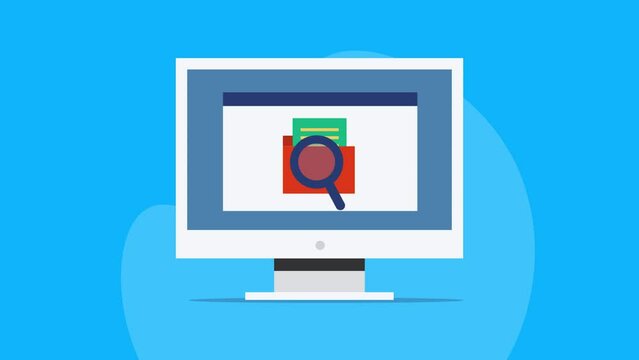 Searching file and folder document on desktop computer. File management software finding document on window screen. Video animation concept.