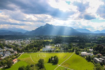 The aerial view on Salzburg city in Austria. July 15, 2022.