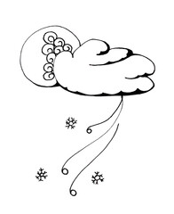 Abstract geometric winter pattern with snowflakes. Graphic handmade Christmas illustration with night sky. Stylized landscape with flat moon and a snow cloud. New Year wallpaper in a simple flat