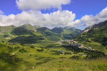 Obertauern, Austria. The aerial view on the village surrounded by lush mountains. 