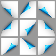 Set of blue paper curls. Curled page corner with shadow. Blank sheet of paper. Colorful shiny foil. Design element for advertising and promotion. Vector illustration.