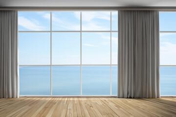 White room with light tone wood floor.Generative AI illustration.