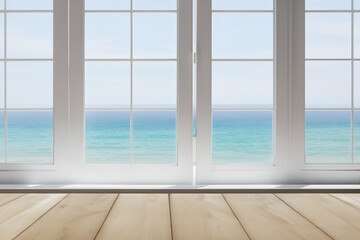 White room with light tone wood floor.Generative AI illustration.
