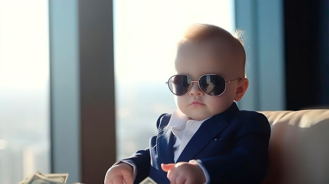 Little serious rich businessman kid boy wearing business suit and sunglasses holding money. The head of large financial company. Generative Ai technology.