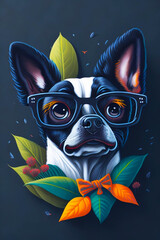 A detailed illustration of a dog wearing trendy sunglasses with leaf, paint splash, and graffiti background for a t-shirt design and fashion