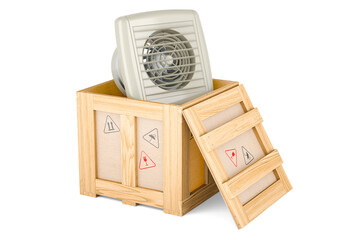 Extractor Fan inside wooden box, delivery concept. 3D rendering