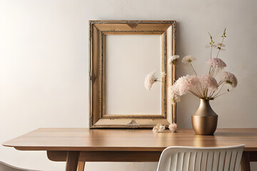 Empty Wooden Picture Frame Mockup Hanging on a Beige Wall Background, Frame on table.
