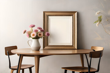 Empty Wooden Picture Frame Mockup Hanging on a Beige Wall Background, interior of a room