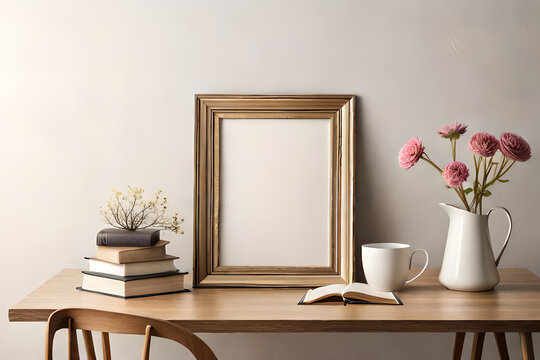 Empty Wooden Picture Frame Mockup Hanging on a Beige Wall Background. Design scene