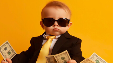 Little serious rich businessman kid boy wearing business suit yellow tie and sunglasses holding money. The head of large financial company. Generative Ai technology.