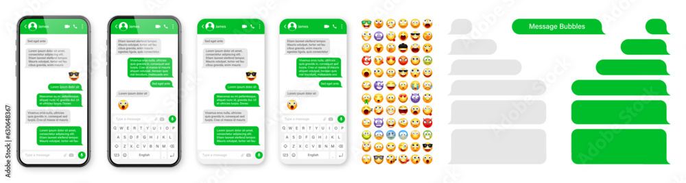 Wall mural smartphone messaging app, user interface design with emoji. sms text frame. chat screen with green m