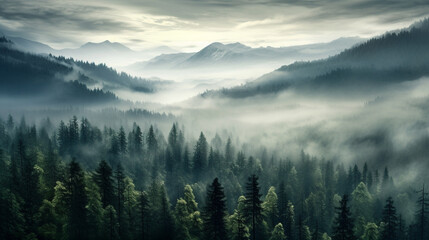 A mountains forest filled with lots of trees covered in fog, wallpaper, Generative AI