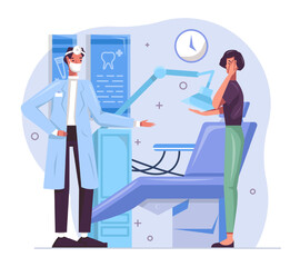 Woman with toothache talking to doctor, man invite her to sit. Patient consulting with dentist in hospital. Dental care and treatment. Flat vector illustration in cartoon style in blue colors