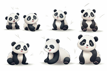 Cartoon panda character illustration with multiple variations on white background, Generative AI