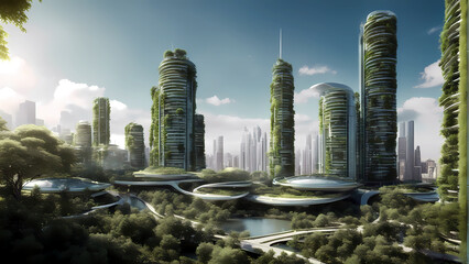 Die Stadt der Zukunft. Das Leben auf unserer zukünftigen Welt ist grün - kann nur grün sein.  - obrazy, fototapety, plakaty